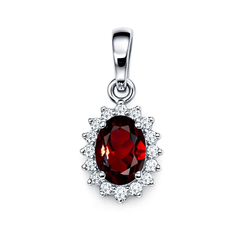 925 Sterling Silver Garnet Pendant with Cubic Zirconia Halo Oval Gemstone Charm Necklace
