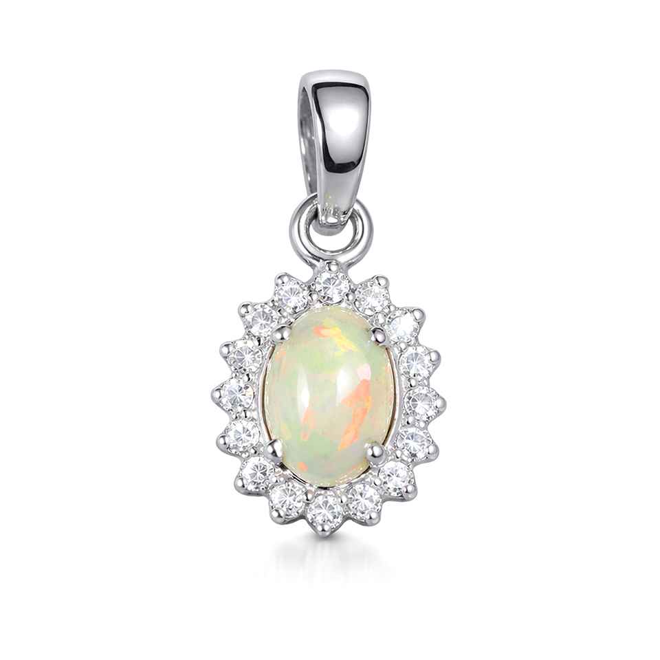 Ethiopian Opal Pendant 925 Sterling Silver with CZ Halo Oval Fire Opal Gemstone Charm Necklace