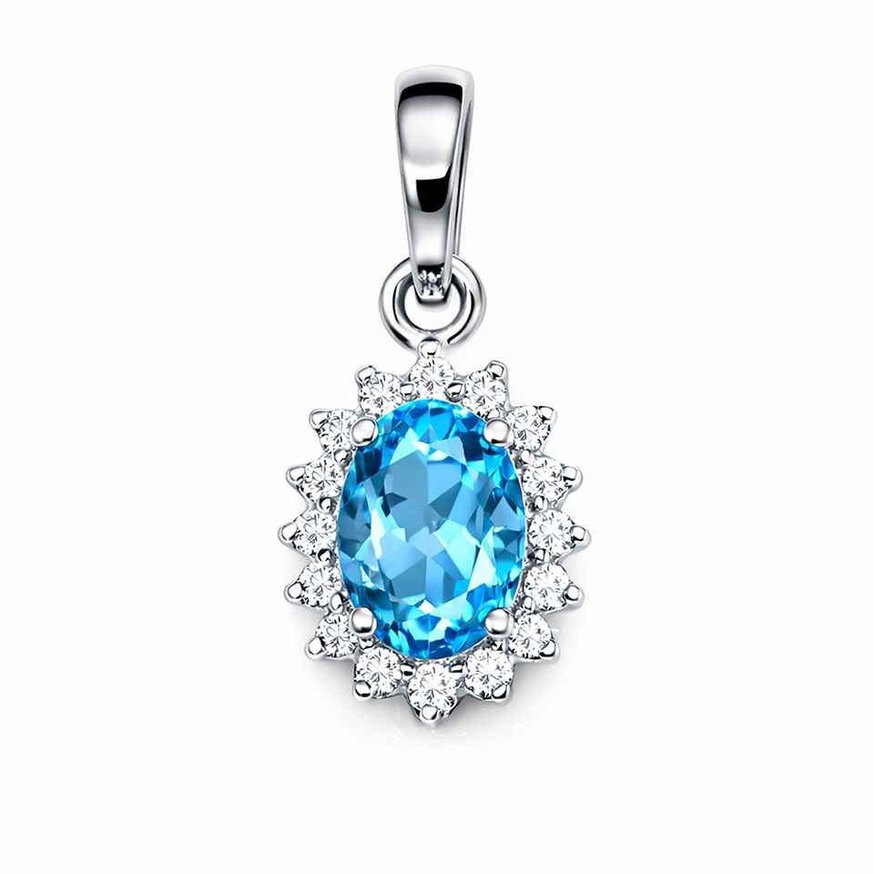 Blue Topaz Gemstone Pendant in 925 Sterling Silver with CZ Halo Oval Sky Blue Charm Necklace
