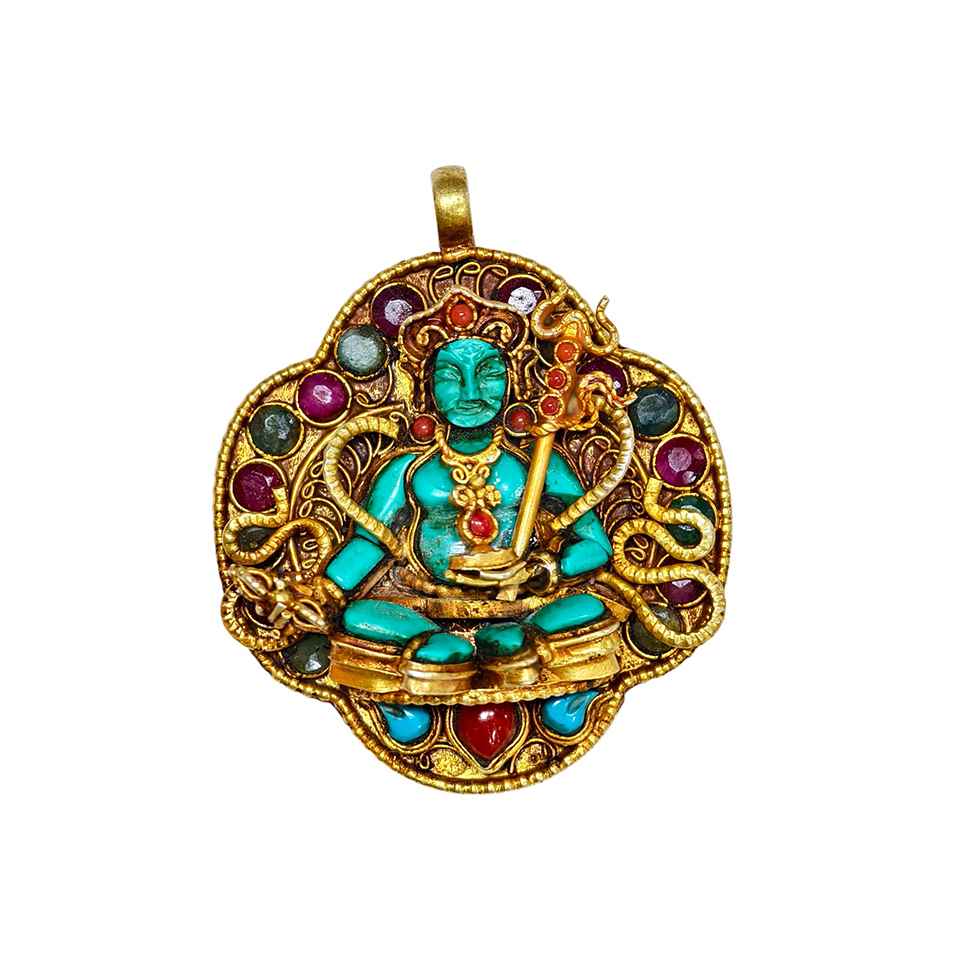 Guru Rinpoche Turquoise Pendant Necklace Gold Plated Sterling Silver Tibetan Spiritual Handmade Jewelry