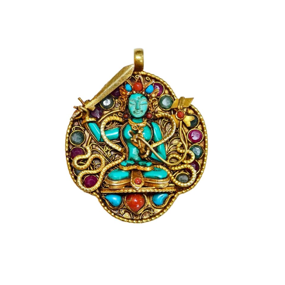 Manjushri Turquoise Pendant Necklace Gold Plated Sterling Silver Tibetan Spiritual Handmade Jewelry