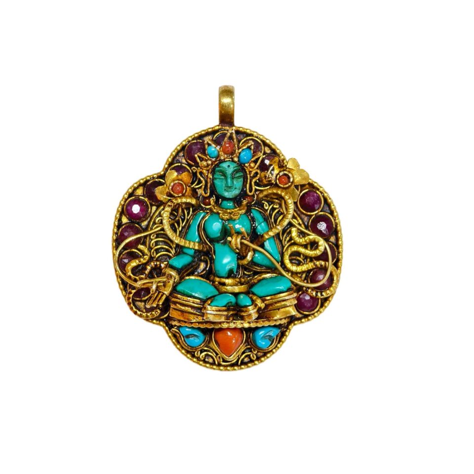 Tara Turquoise Pendant Necklace Gold Plated Sterling Silver Tibetan Goddess Spiritual Handmade Jewelry