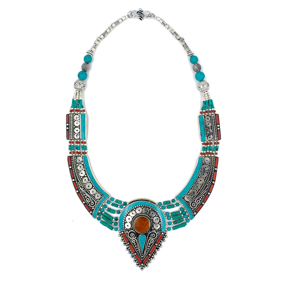 Tribal Boho Necklace with Turquoise and Coral Gemstones Handmade Festival Jewelry
