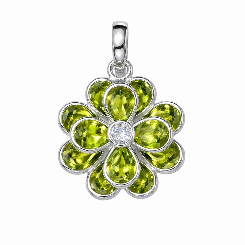 Handcrafted 925 Sterling Silver Flower Pendant with Peridot and Moissanite Gemstone Charm