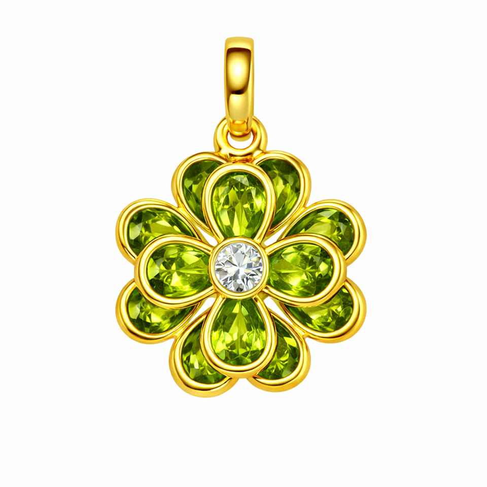 Handmade 14K Gold Vermeil 925 Sterling Silver Peridot Flower Pendant with Moissanite Green Gemstone Floral Necklace Charm