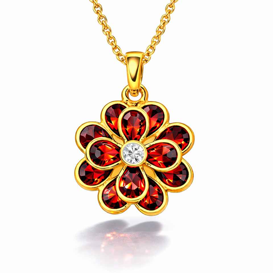 Handmade 14K Gold Vermeil 925 Sterling Silver Garnet Flower Pendant with Moissanite Red Gemstone Floral Necklace Charm
