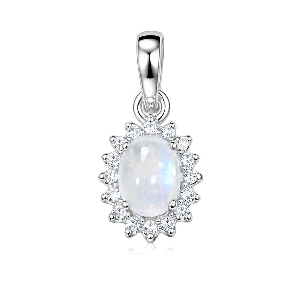 Oval Moonstone Pendant in 925 Sterling Silver with CZ Halo Minimalist Gemstone Charm Necklace
