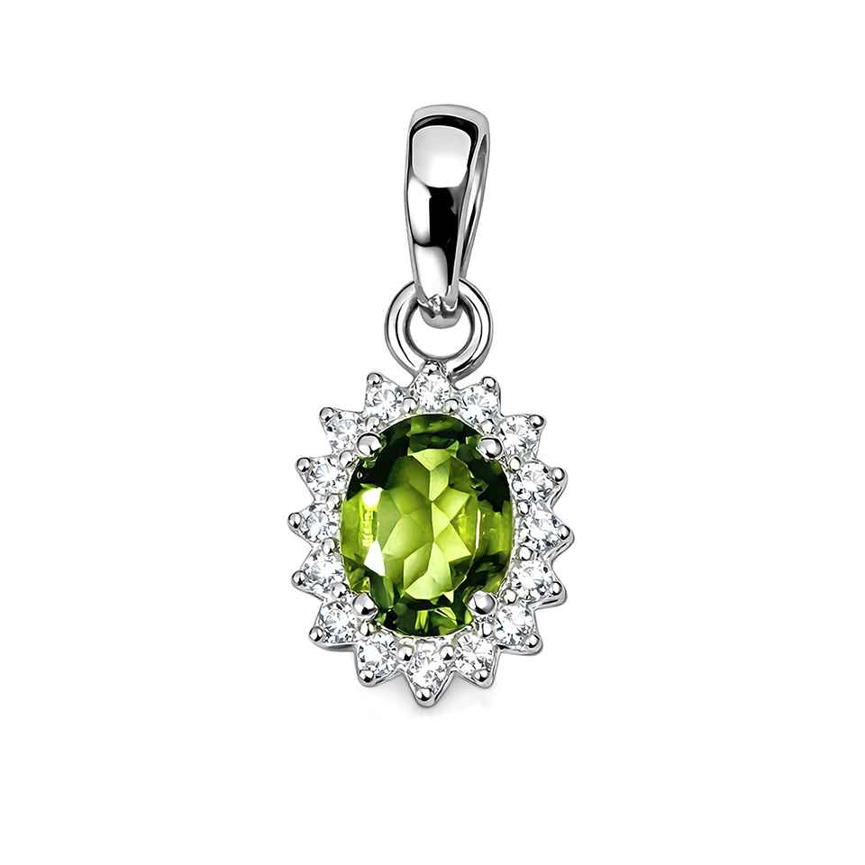 Peridot Gemstone Pendant 925 Sterling Silver with Cubic Zirconia Halo Oval Green Stone Charm Necklace