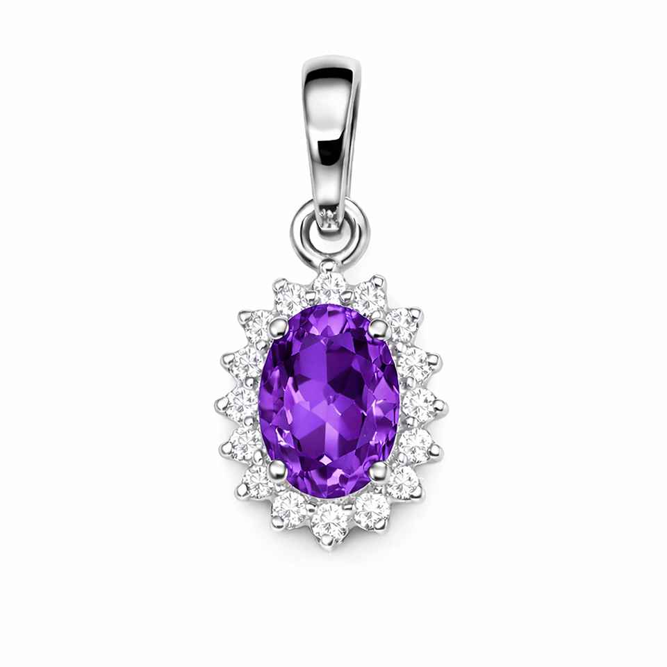 Amethyst Oval Halo Pendant 925 Sterling Silver with Cubic Zirconia Purple Gemstone Charm