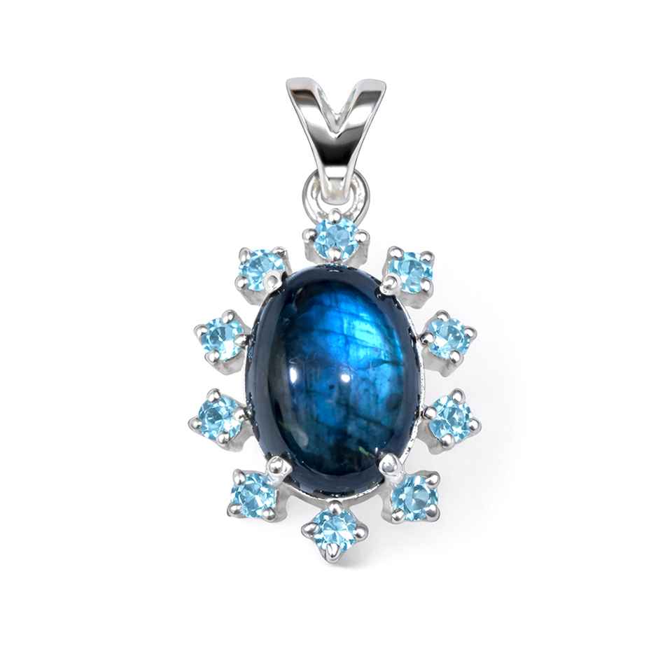 Labradorite & Blue Topaz Halo Pendant 925 Sterling Silver Oval Gemstone Charm Necklace