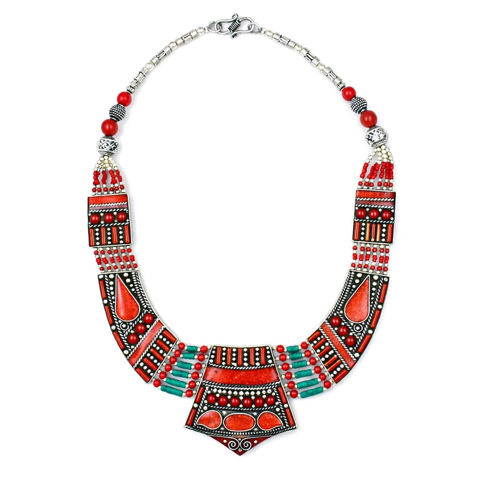 Turquoise Coral Ethnic Bohemian Necklace Handmade Artisan Statement Jewelry