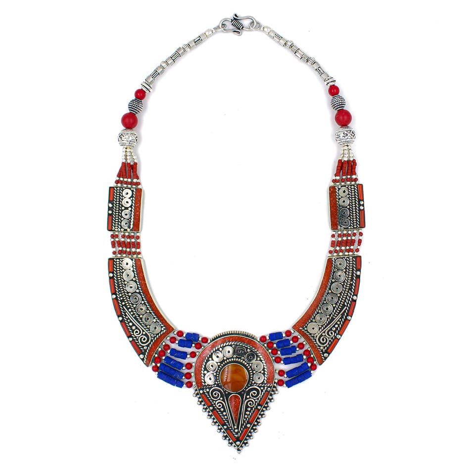 Amber Coral Lapis Bohemian Statement Necklace Handcrafted Artisan Jewelry