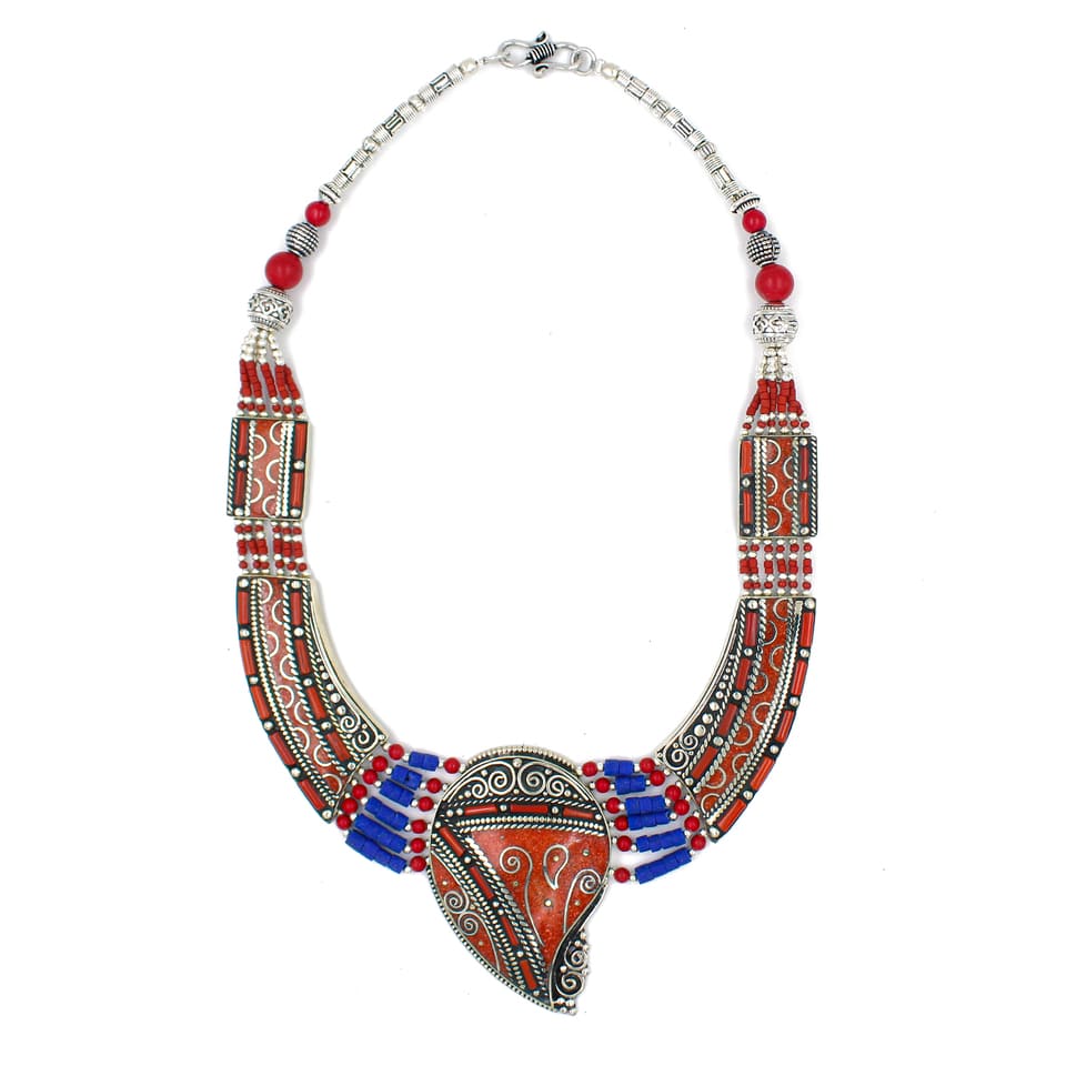 Coral and Lapis Tribal Boho Necklace Ethnic Festival Statement Jewelry