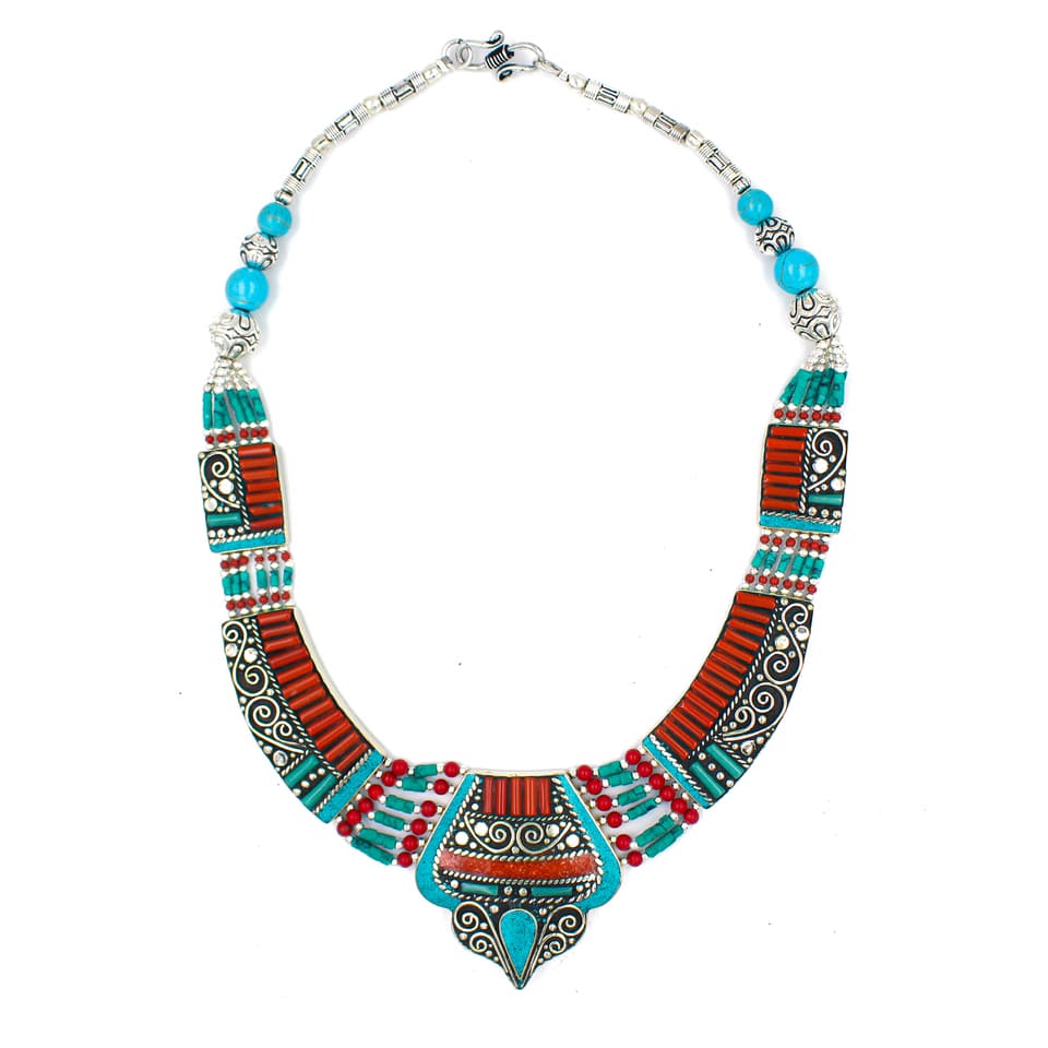 Chunky Turquoise Coral Boho Necklace Handmade Tribal Statement Jewelry