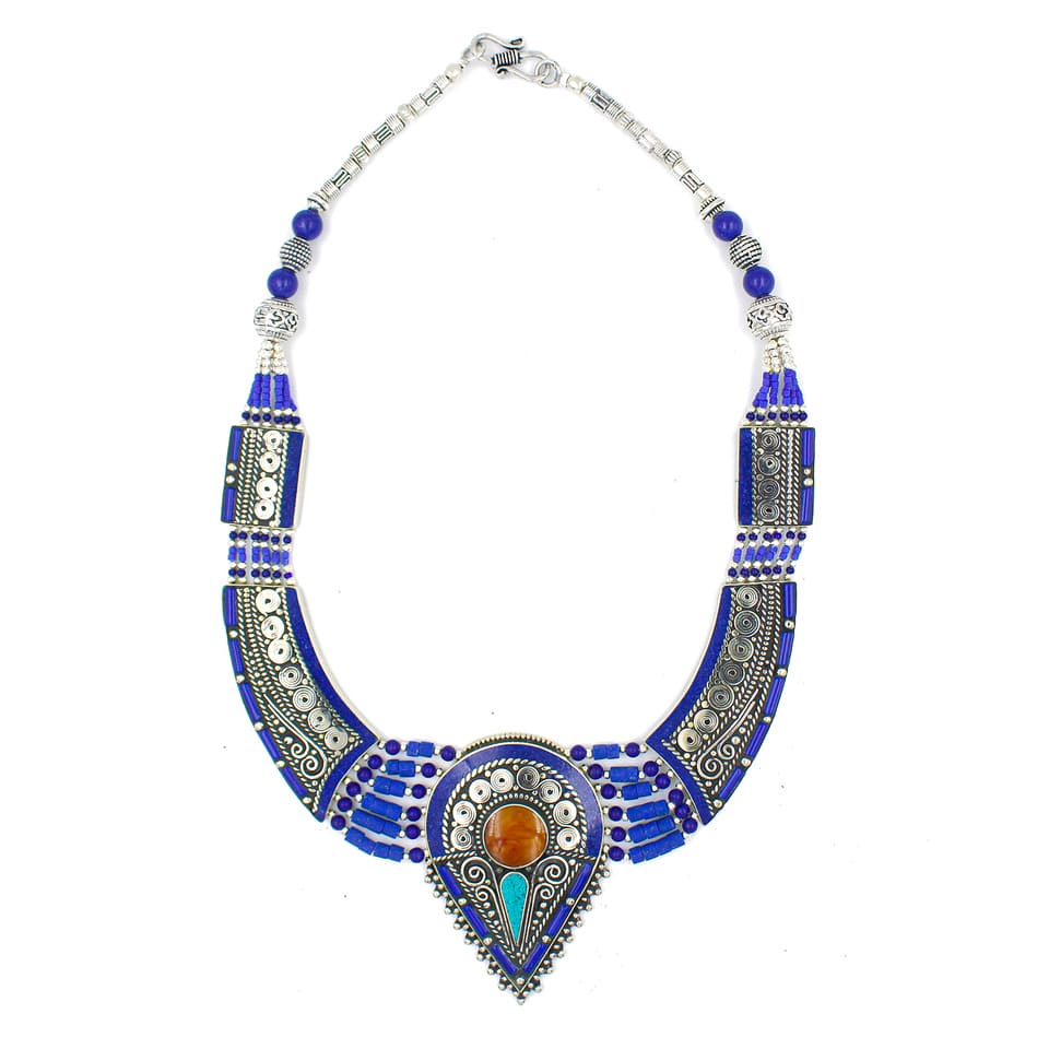 Lapis Amber Tribal Necklace Handcrafted Boho Fashion Statement Jewelry