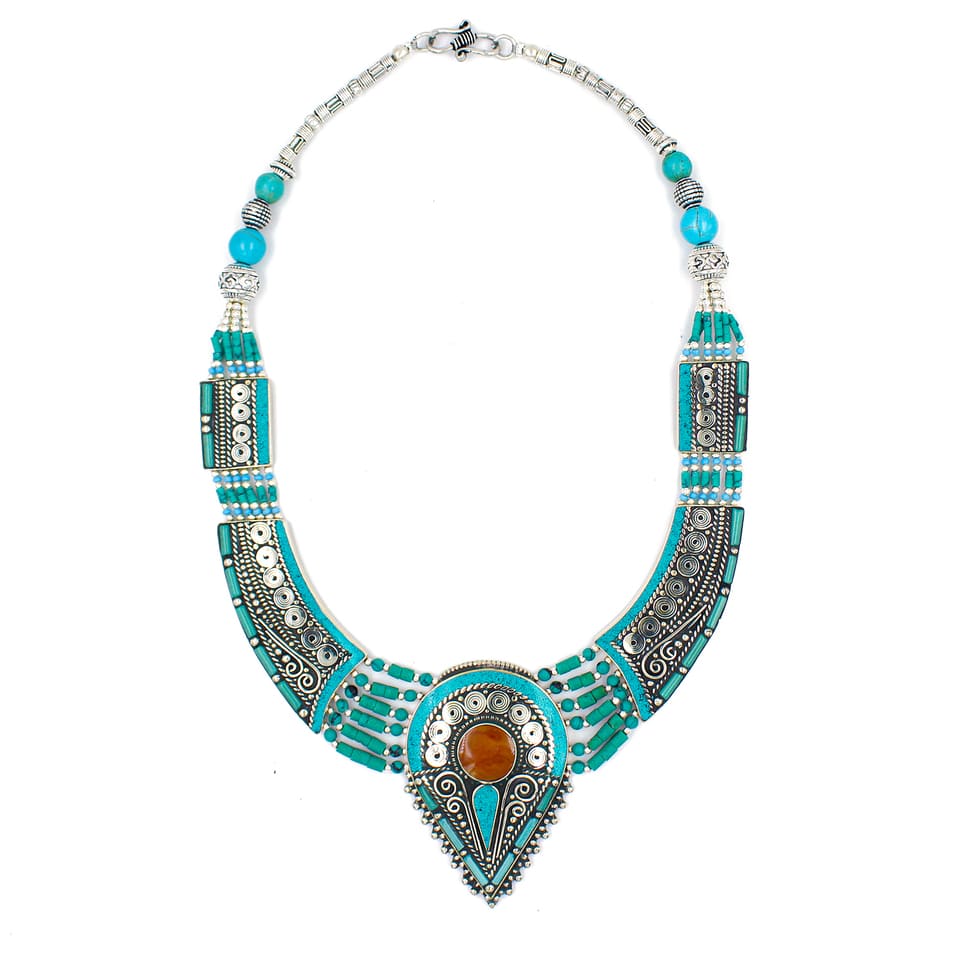 Turquoise Amber Boho Necklace Handmade Tribal Festival Jewelry for Women