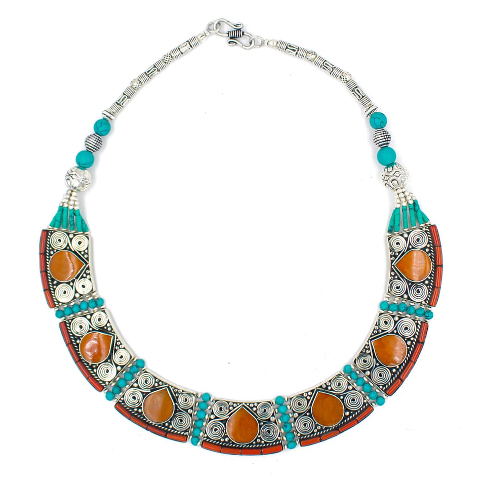 Amber Turquoise Coral Ethnic Bohemian Necklace Artisan Statement Jewelry