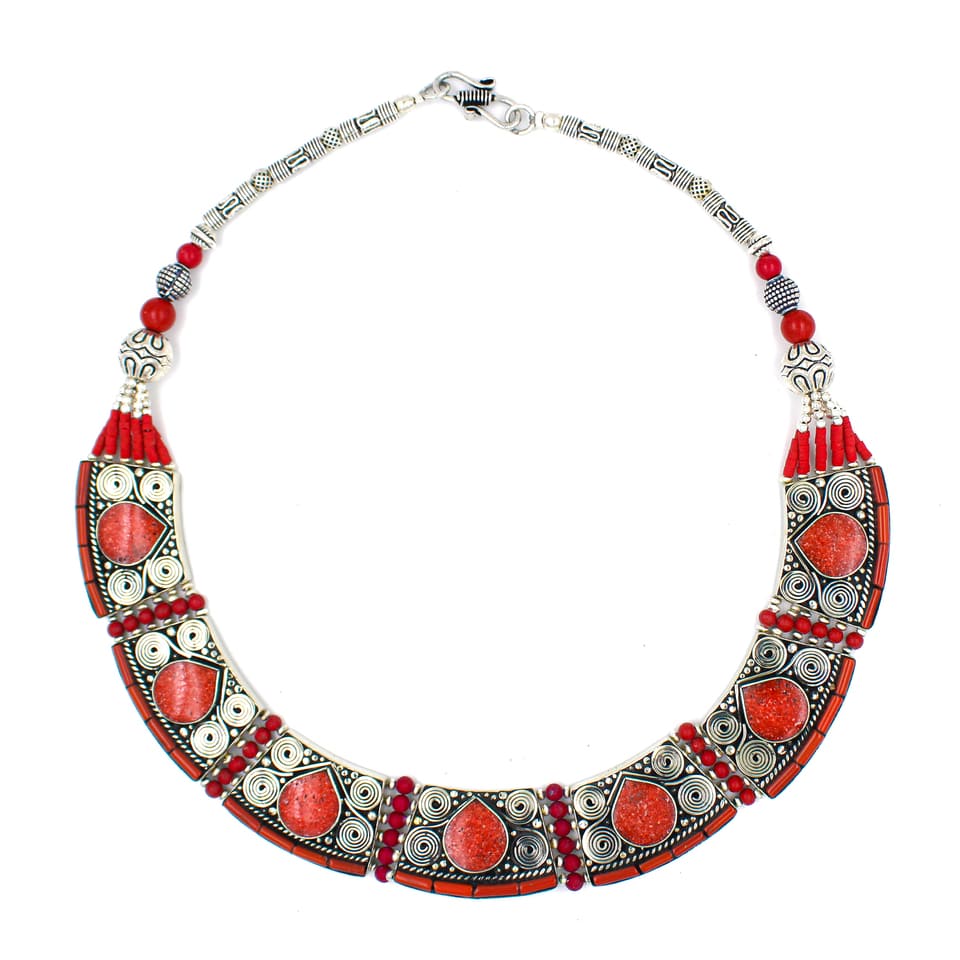Coral Tribal Boho Necklace Handmade Festival Style Statement Jewelry