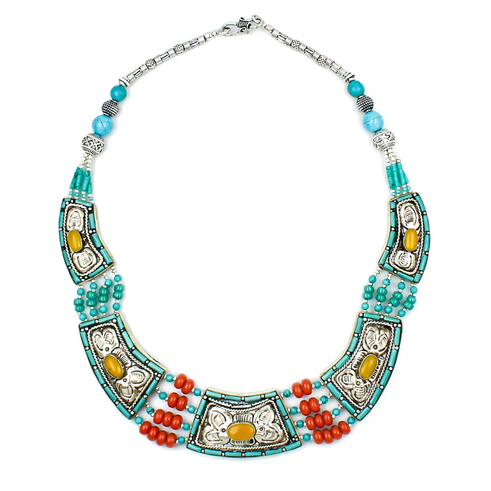Artisan Bohemian Necklace with Amber Turquoise Coral Handmade Statement Jewelry