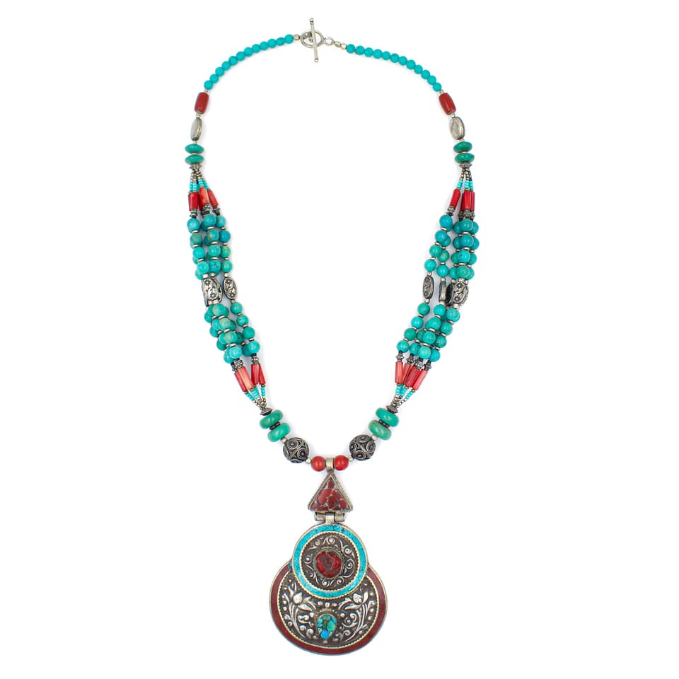 Turquoise Coral Festival Bohemian Necklace Artistic Tribal Jewelry
