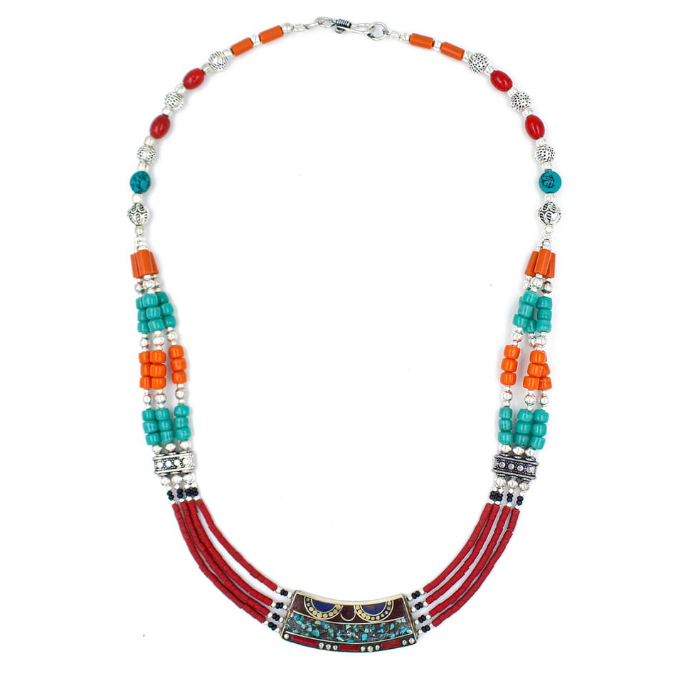 Coral Turquoise Artisan Bohemian Statement Necklace Handmade Jewelry