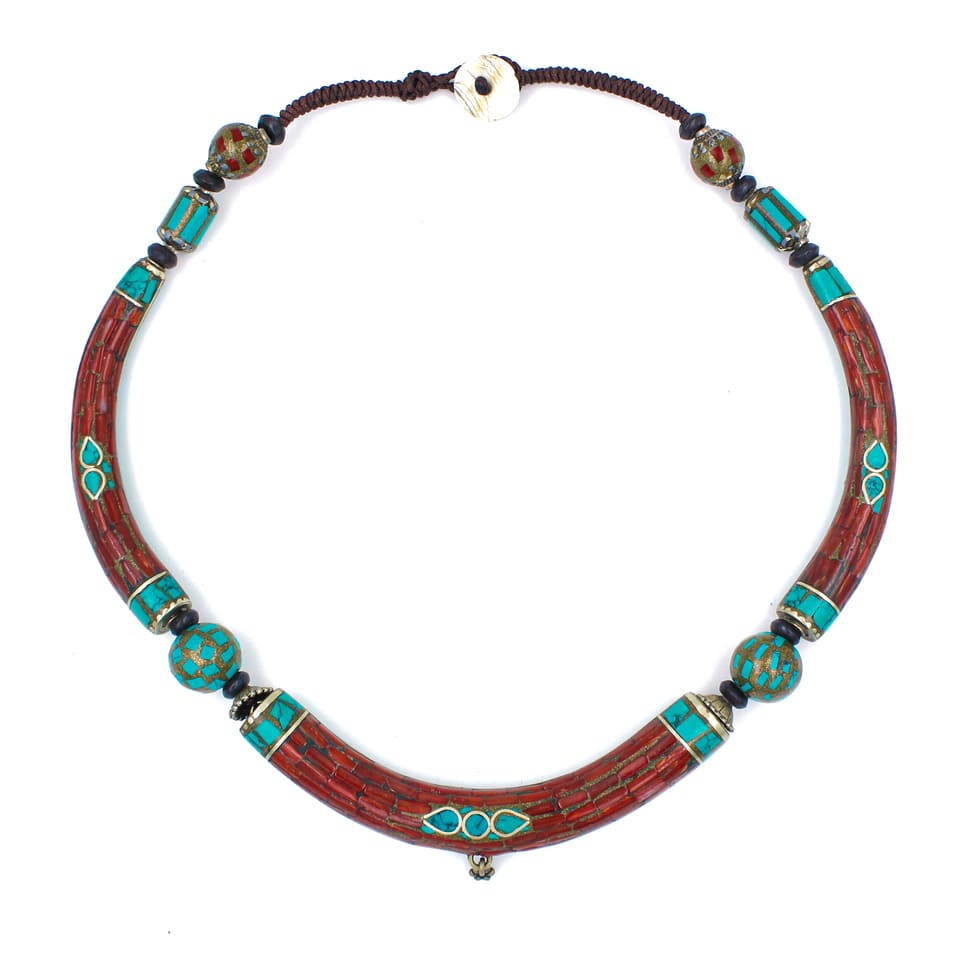 Chunky Coral Turquoise Boho Necklace Handmade Tribal Statement Jewelry