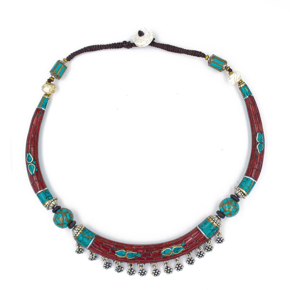 Coral Turquoise Tribal Boho Necklace Handmade Festival Jewelry