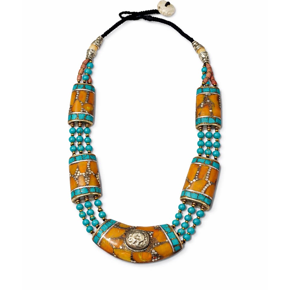 Amber Turquoise Artisan Bohemian Statement Necklace Handmade Jewelry