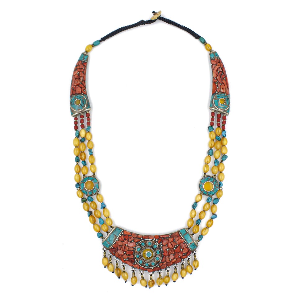 Chunky Amber Turquoise Coral Boho Necklace Handmade Tribal Jewelry