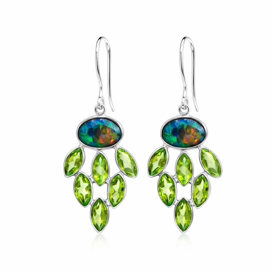 Handmade Black Opal Peridot Dangle Earrings in Sterling Silver