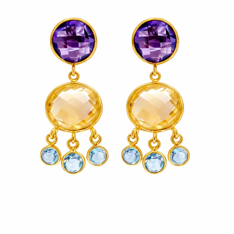 Amethyst Citrine Blue Topaz Dangle Earrings in 14K Gold Silver