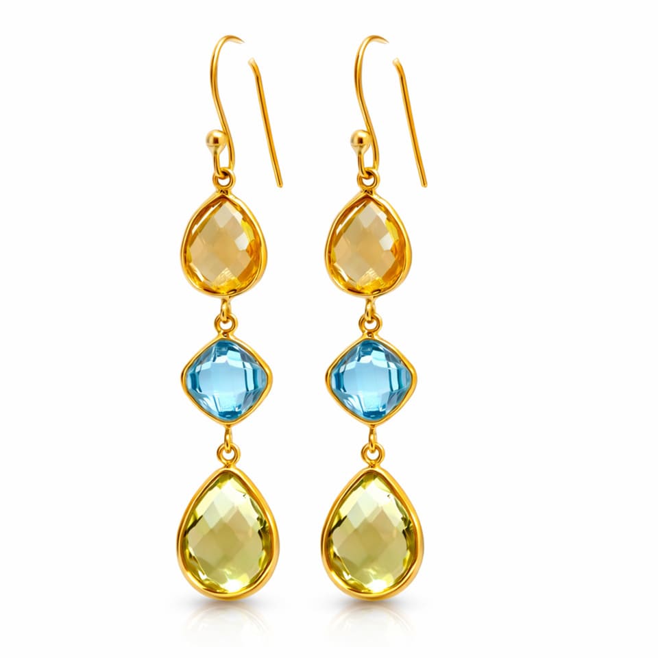 Citrine Blue Topaz Lemon Quartz Dangle Earrings in 14K Gold