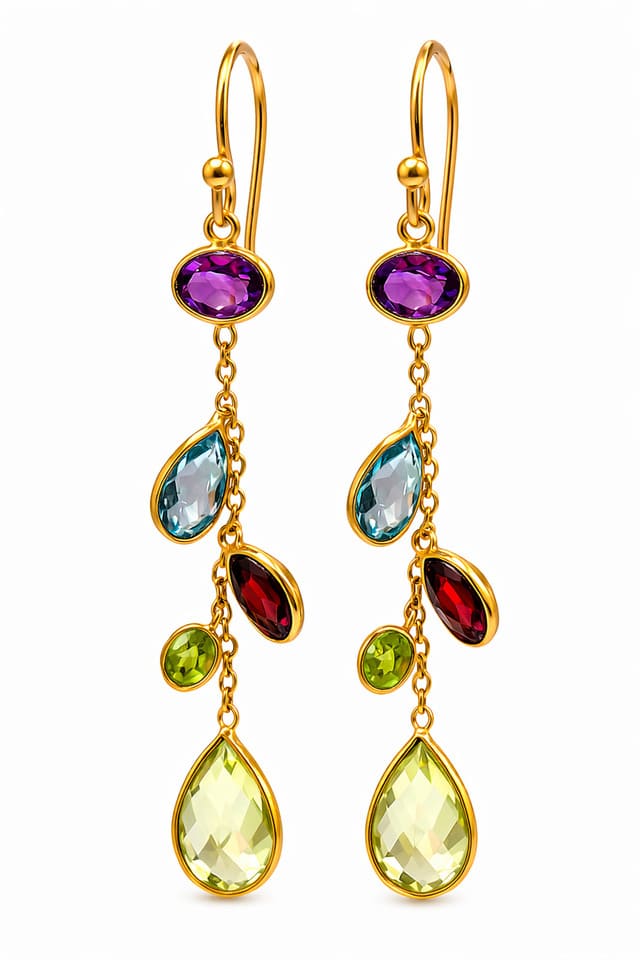 Multi Gemstone Cascade Dangle Earrings in 18K Gold Plated Silver