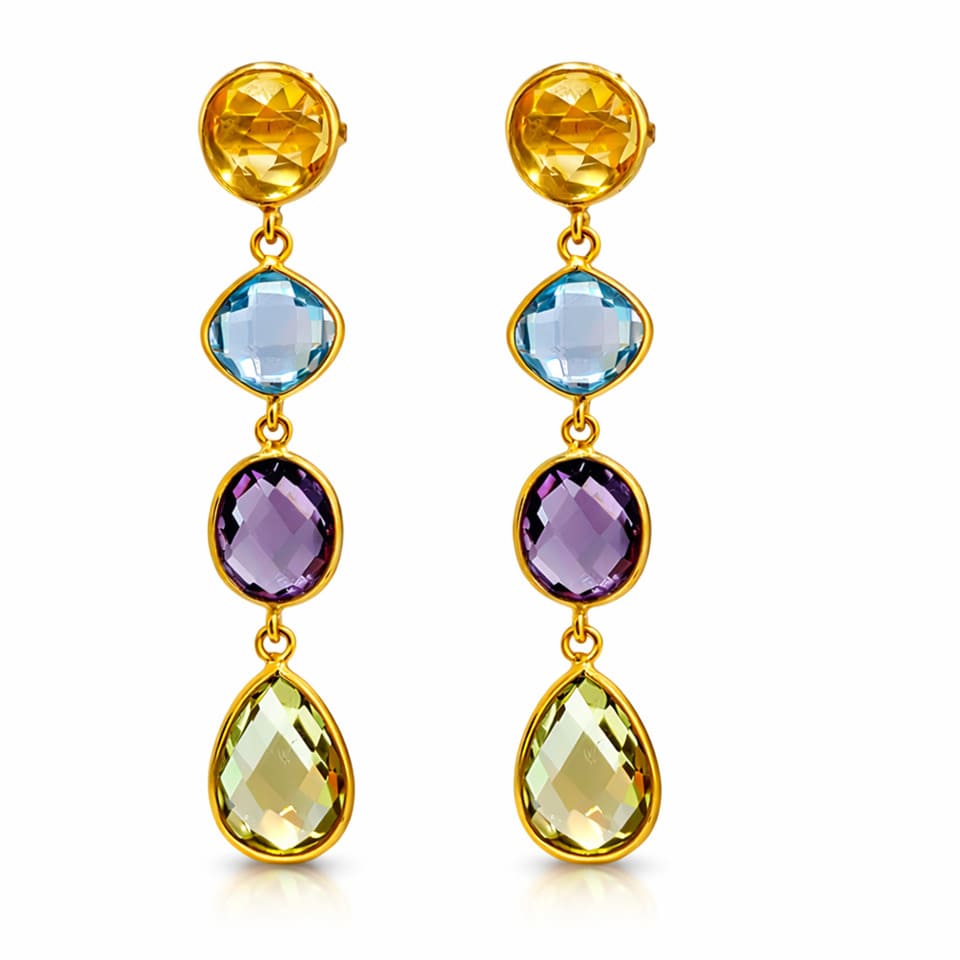 Colorful Natural Gemstone Linear Earrings in Gold Plated Silver