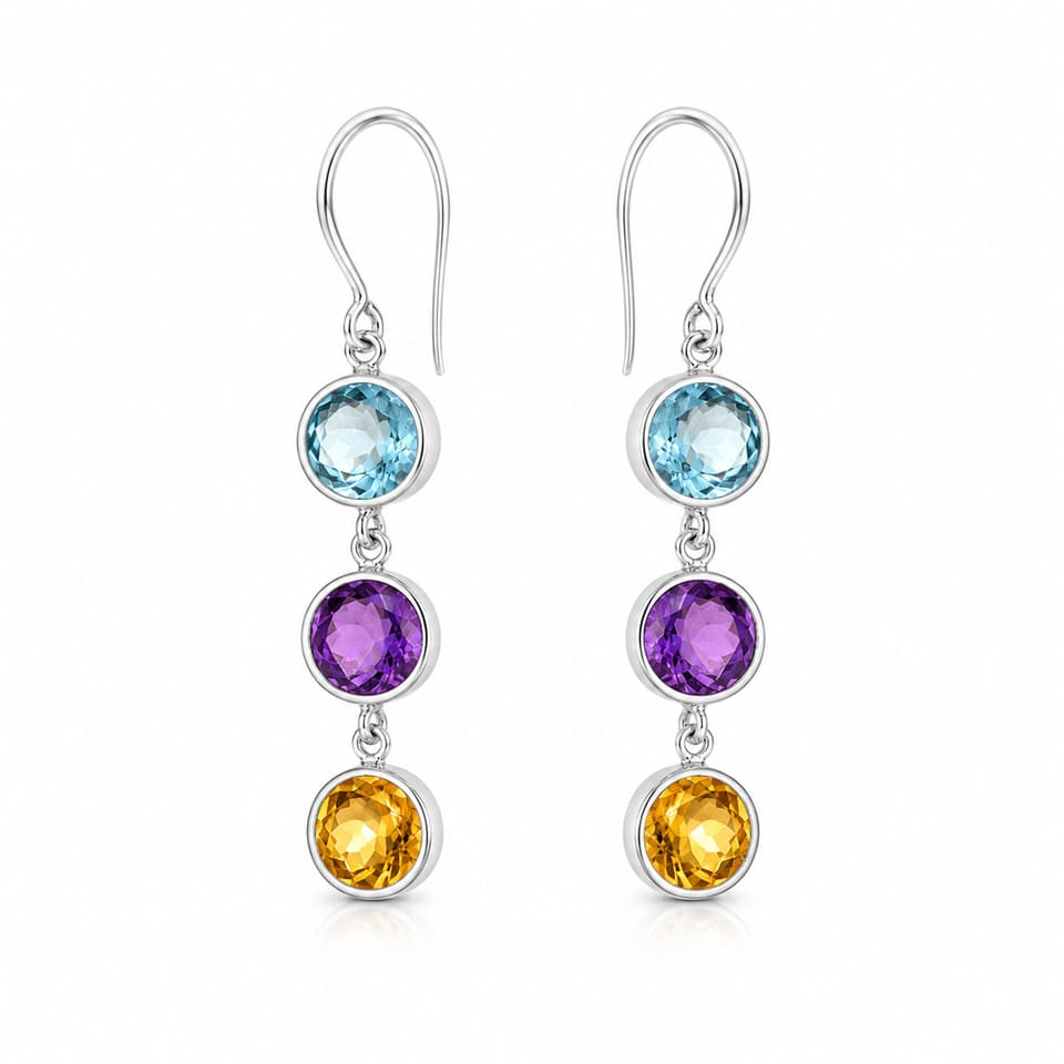 Round Gemstone Dangle Earrings with Blue Topaz & Amethyst