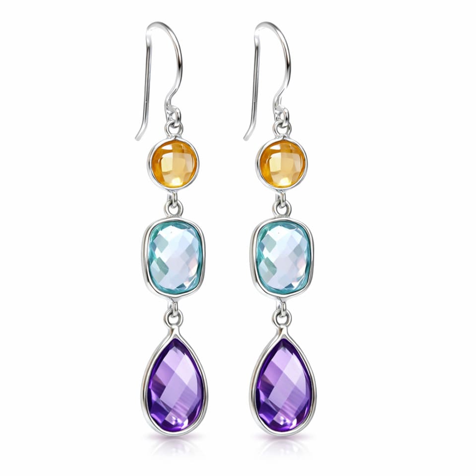 Blue Topaz Citrine Amethyst Hanging Earrings in Silver