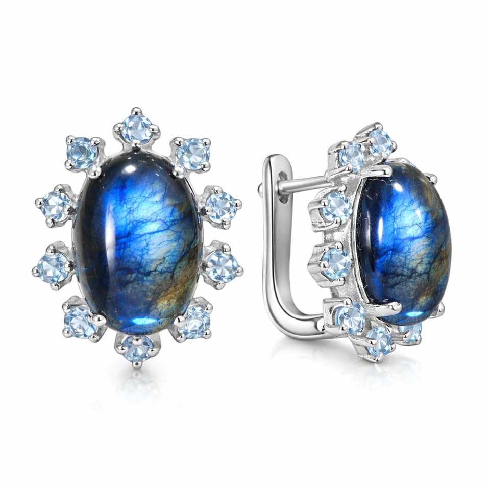 925 Sterling Silver Labradorite Halo Lever Back Earrings