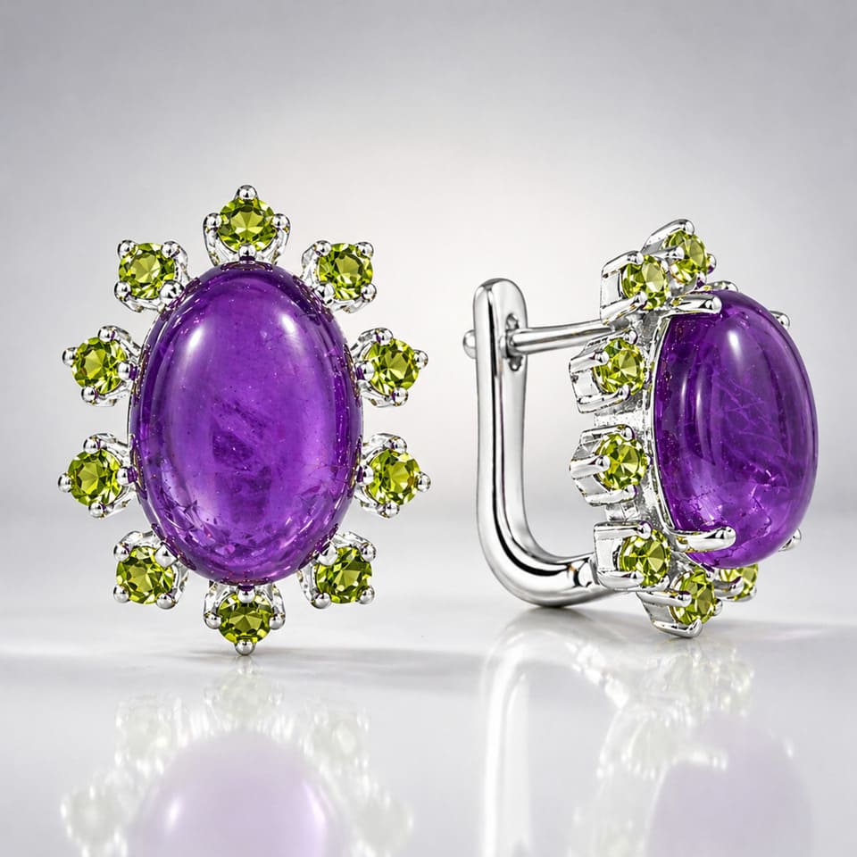 Amethyst Cabochon Earrings with Peridot Halo Design