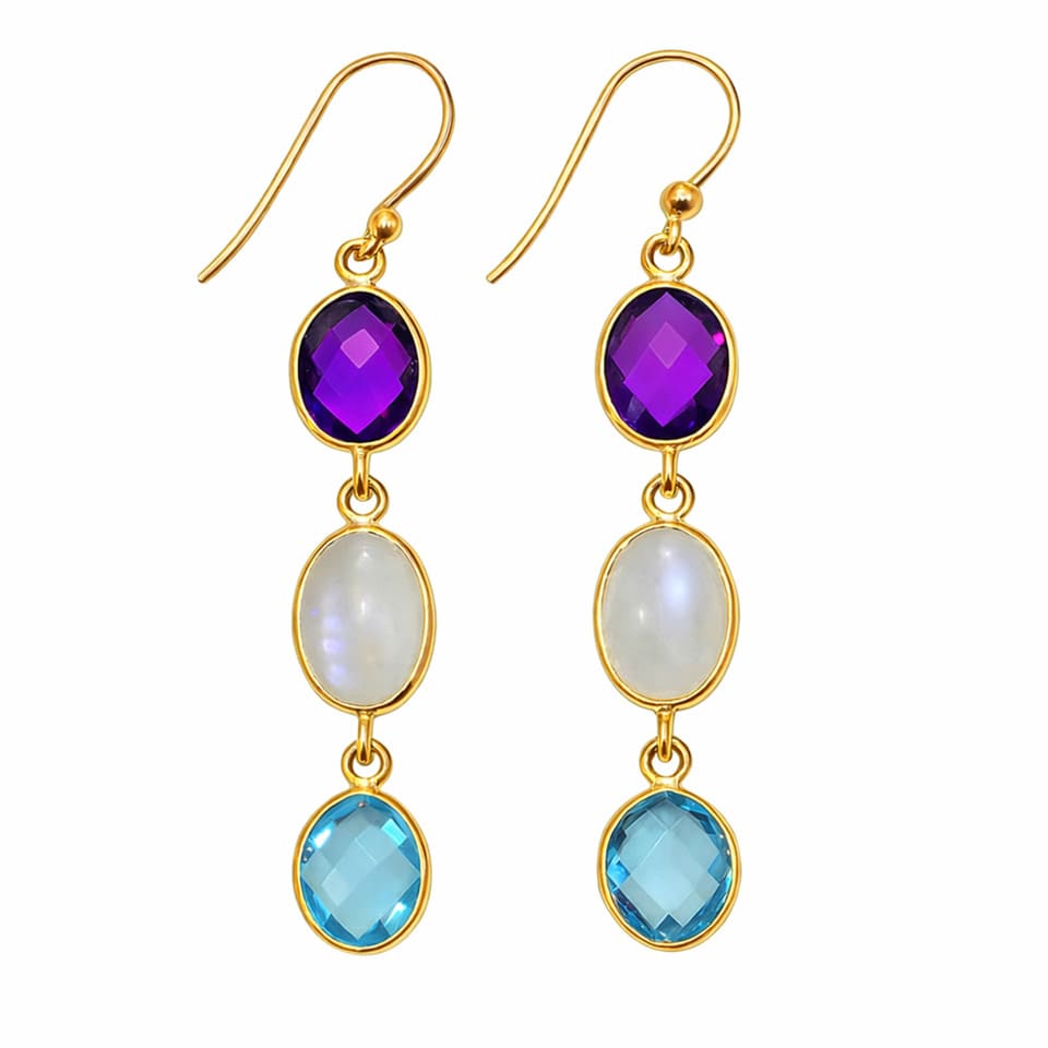 Amethyst Moonstone Blue Topaz Drop Earrings Gold Vermeil
