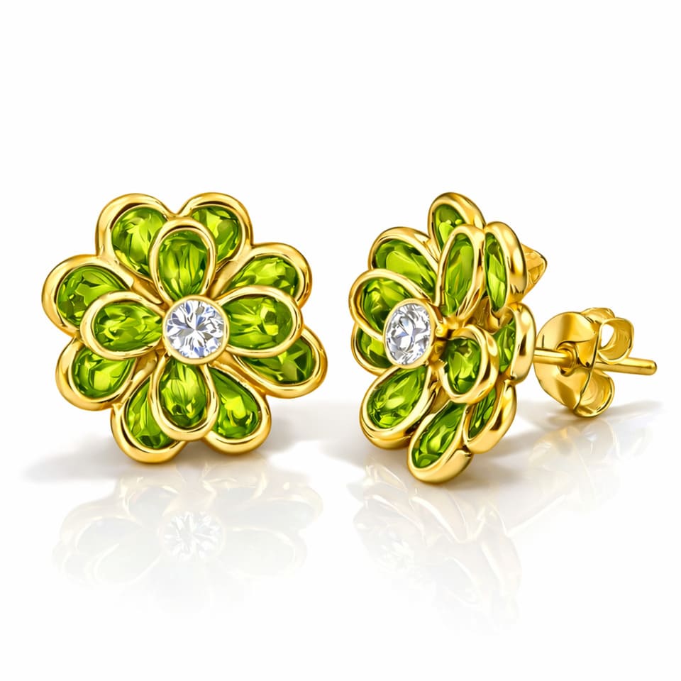 Gold Plated Peridot & Moissanite Floral Stud Earrings