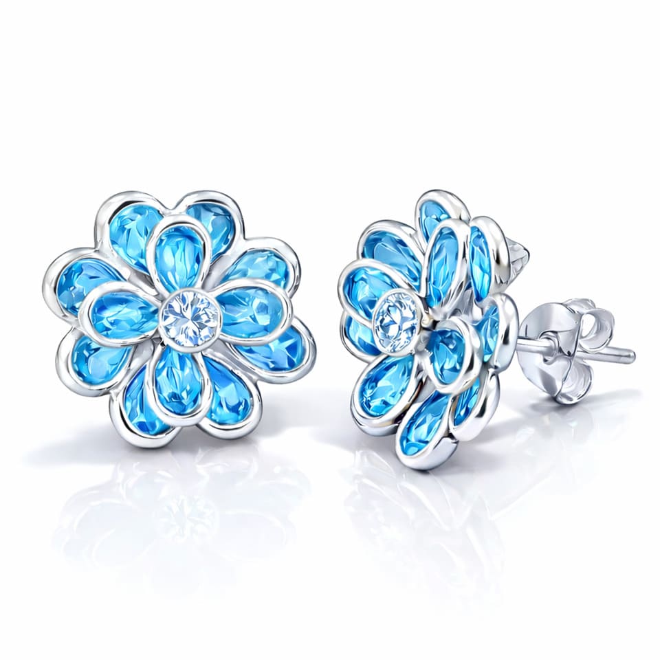 Floral Blue Topaz & Moissanite Stud Earrings for Women
