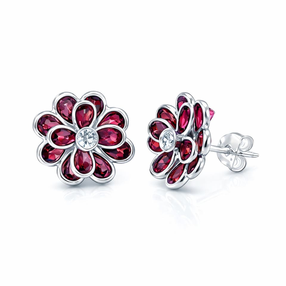 Garnet and Moissanite Flower Earrings Handmade