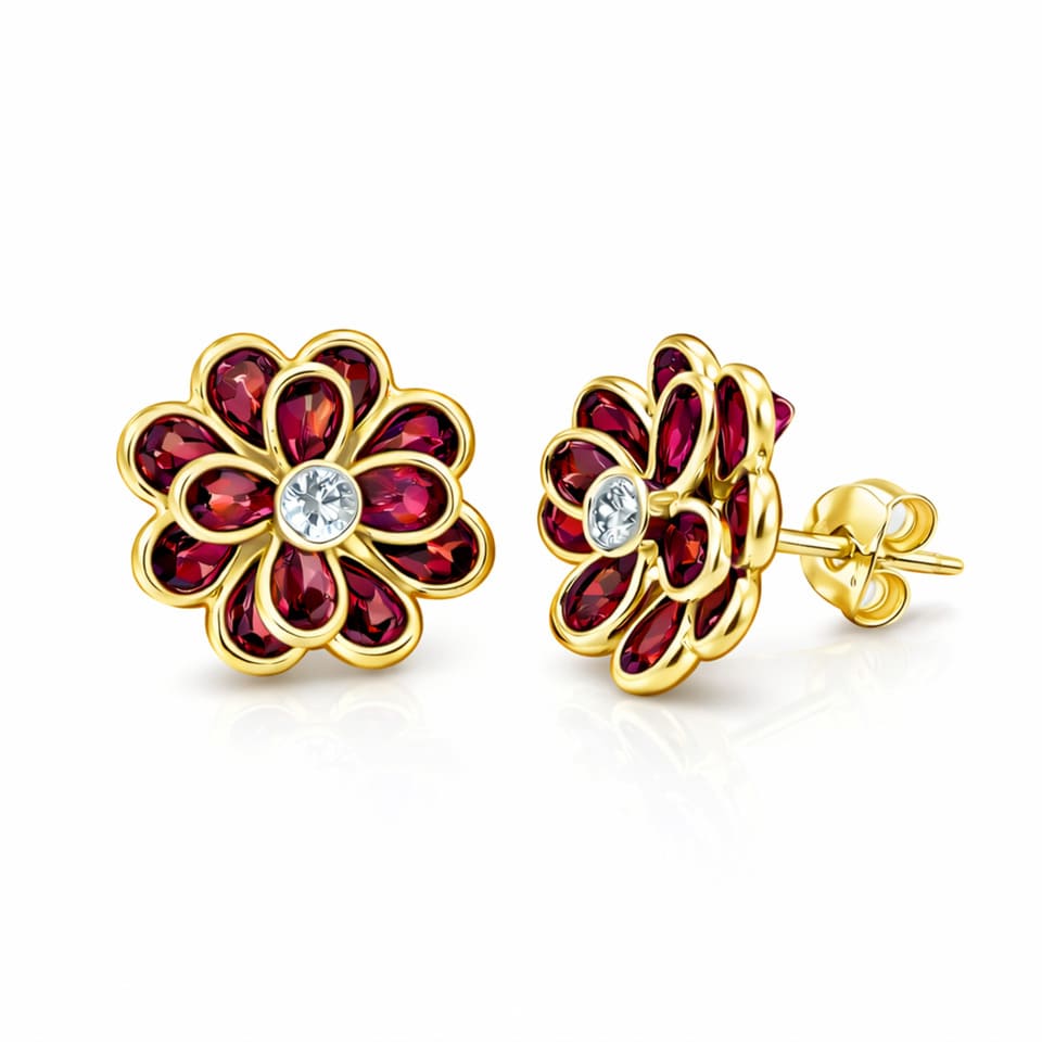 Garnet Statement Flower Stud Earrings Gold Plated