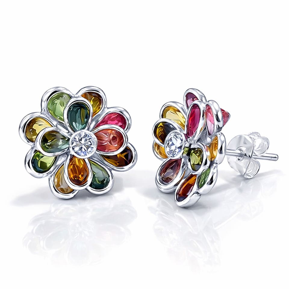 Multi Tourmaline Flower Stud Earrings in 925 Sterling Silver