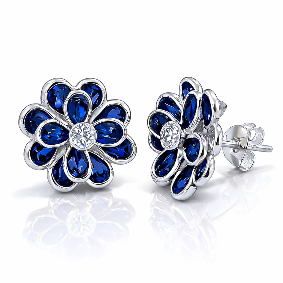 Floral Blue Sapphire & Moissanite Stud Earrings