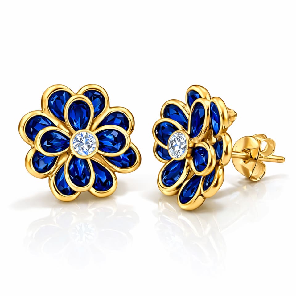 Gold Plated Blue Sapphire & Moissanite Floral Earrings