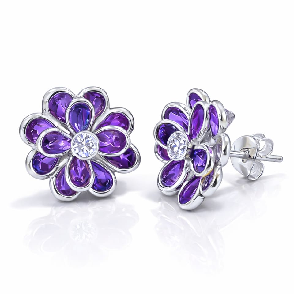 Elegant Amethyst Flower Studs with Moissanite Center Silver Earring