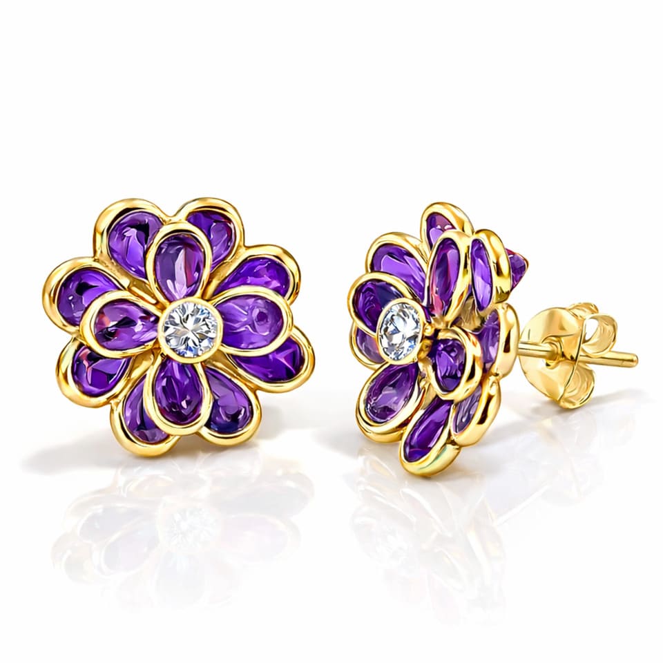 Handcrafted Gold Amethyst Floral Stud Earrings For Women