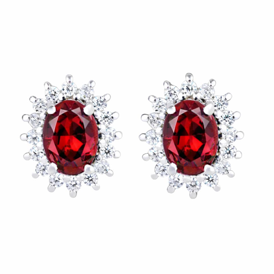 Natural Garnet Halo Stud Earrings 925 Sterling Silver, Oval Red Gemstone & Zircon Cluster Earrings for Women