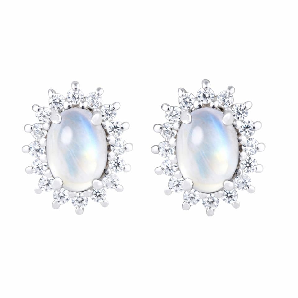 Moonstone Halo Stud Earrings for Women 925 Sterling Silver, Oval White Gemstone Earrings